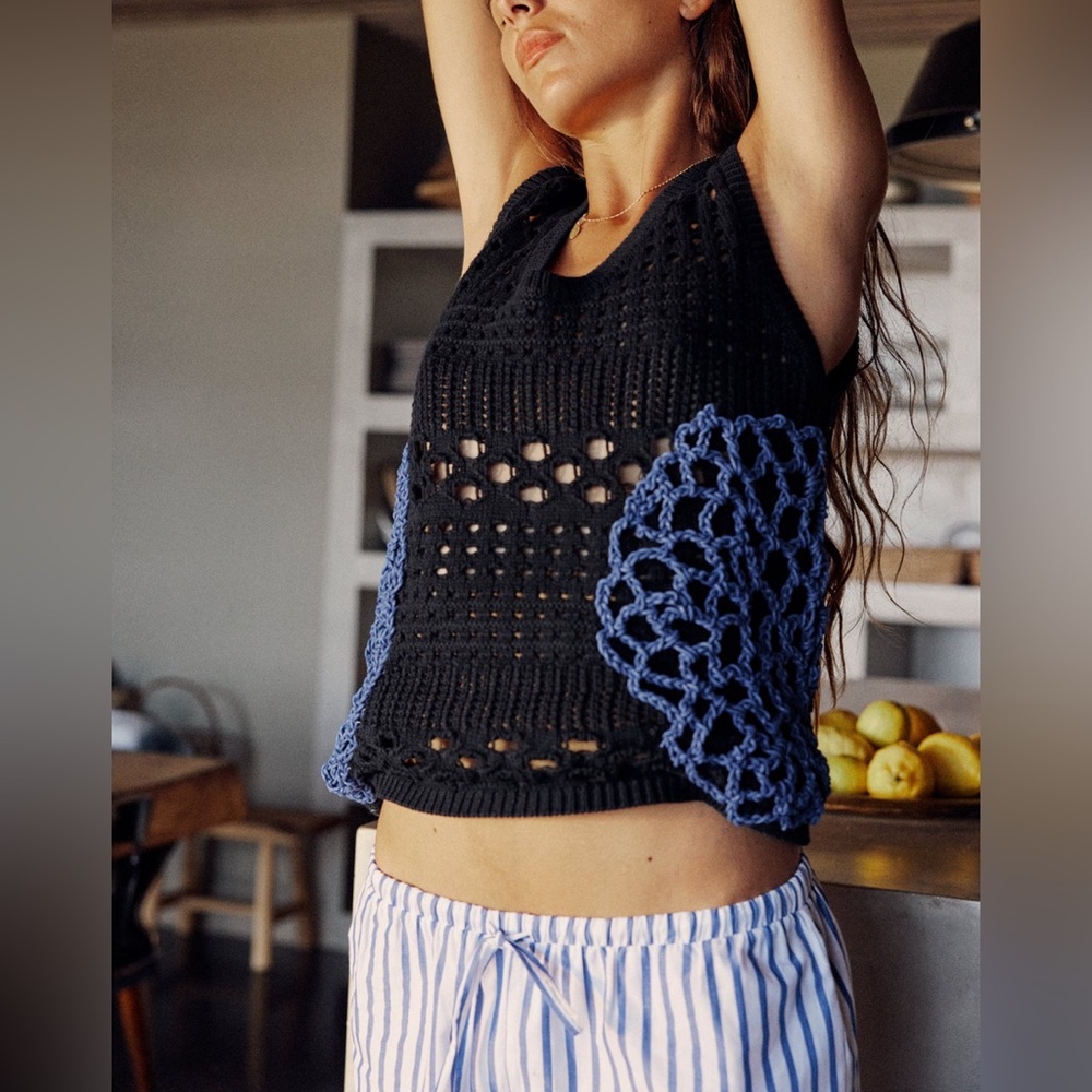 Zara Blue Crochet Open Knit Sweater Vest Top BLOGGER FAVORITE